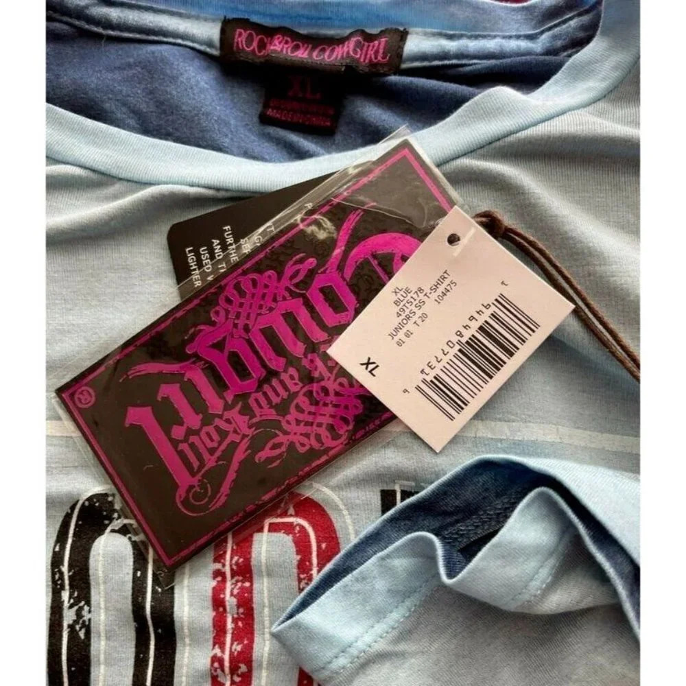 Rock & Roll Cowgirl XL Baby Blue Rodeo Graphic Crew Neck Short Sleeve Crop Tee - Picture 6 of 6